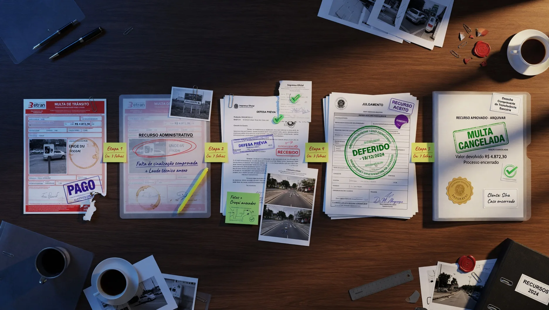 Sequência dos 5 passos do método em documentos sobre a mesa